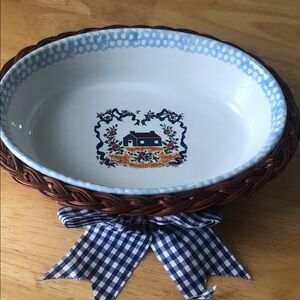 VTG Ceramic Teamson 1995 Serving Bowl with Woven Basket and Blue Gingham Bow